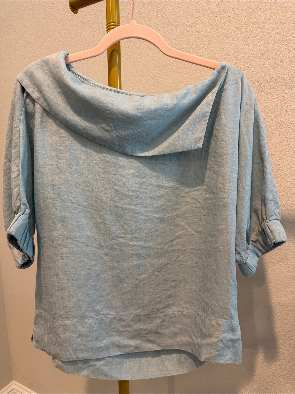 Finley Light Blue Linen Blouse XL Draped Boat Neck Designer Top